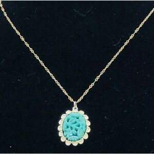 Vintage Signed EMMONS Faux Green Jade Necklace Gold Tone Long Chain